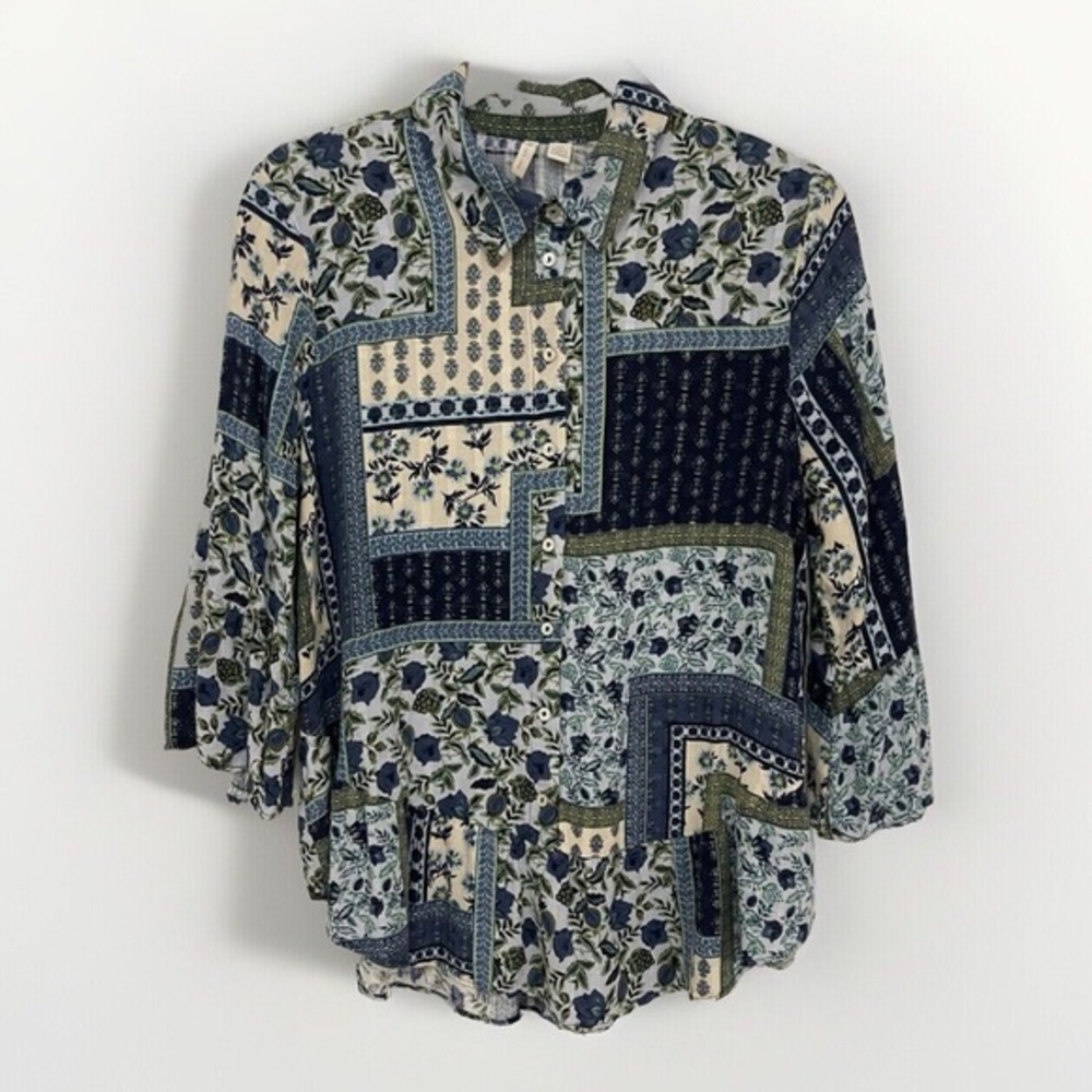 Cato Patchwork Floral Button-Down Shirt in Blue, Green, Cream